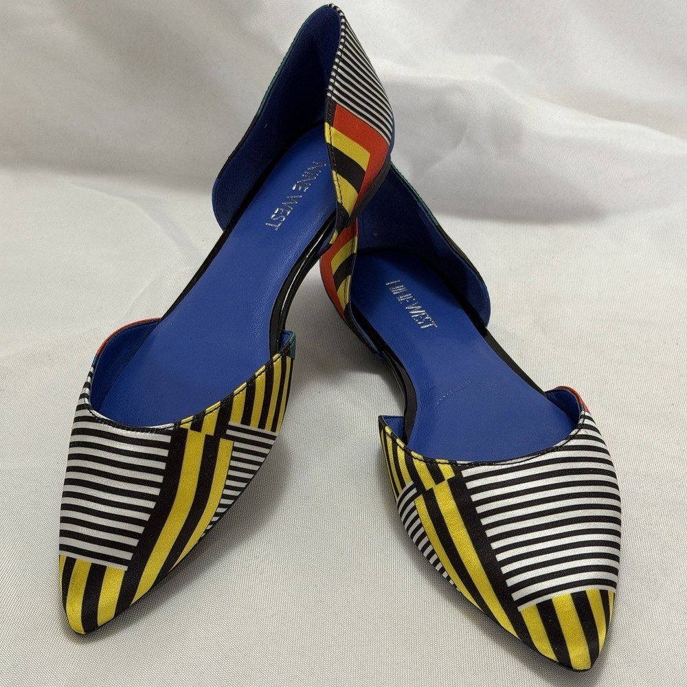 Nine West Womens Black White Yellow Striped Pointed Flats